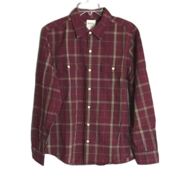 Fossil 54 Red Wine Plaid Button Down Shirt Men's size M - Picture 1 of 4